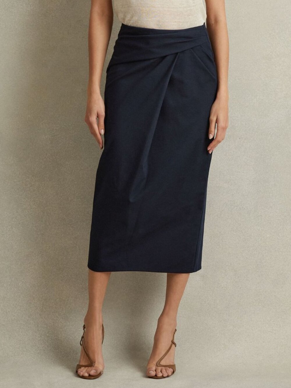Reiss Nadia Cotton Blend Wrap Front Midi Skirt in Navy 6 NWT
